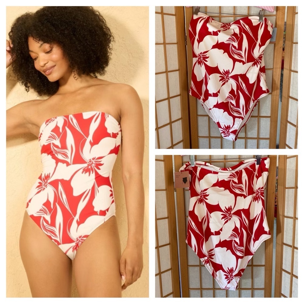 Shade & Shore High Leg Cheeky Red And White Floral One Piece Swimsuit SZ L NWT